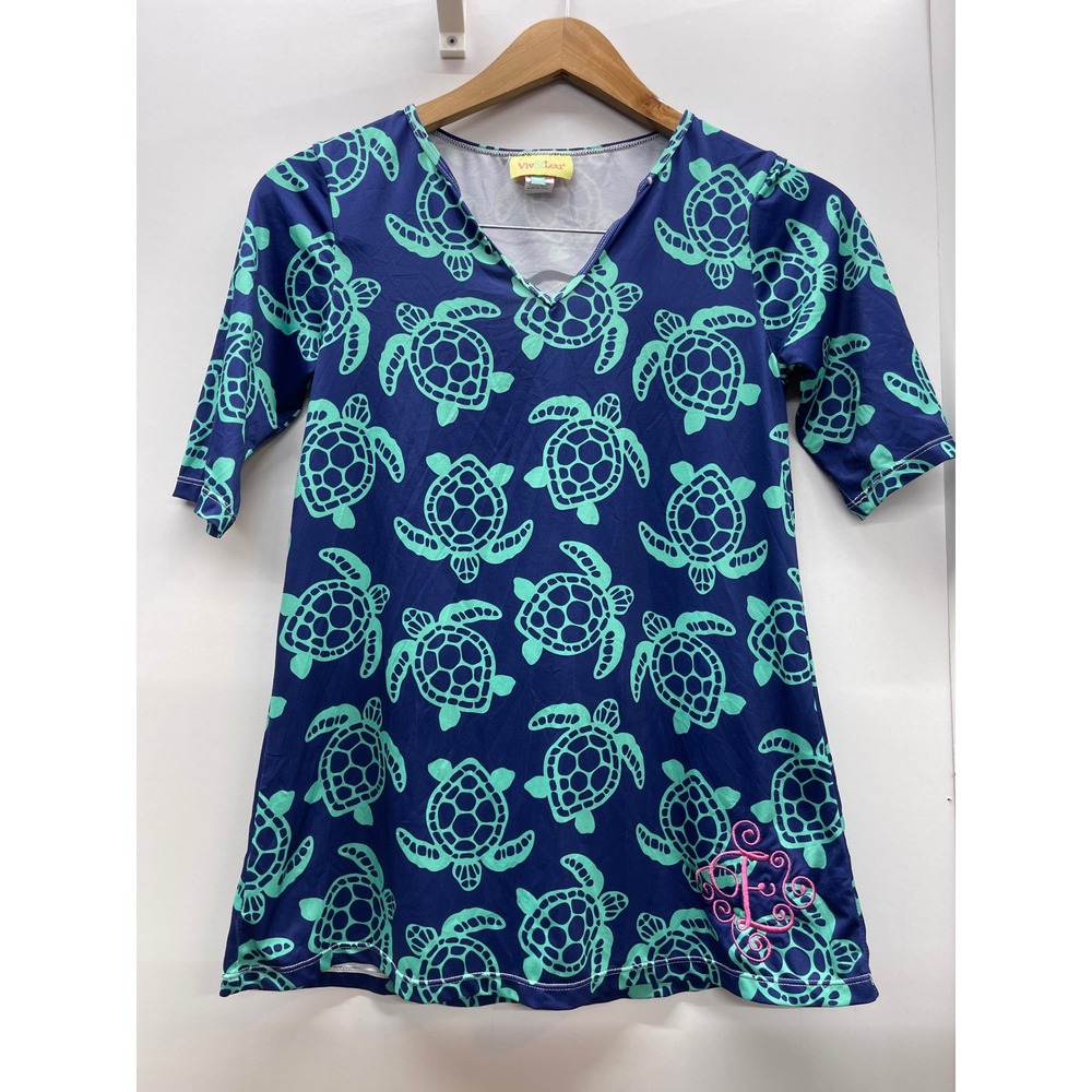 Viv & Lou Sea Turtle Print V-Neck Swim Cover Up Tunic Navy Mint XXL Monogram E